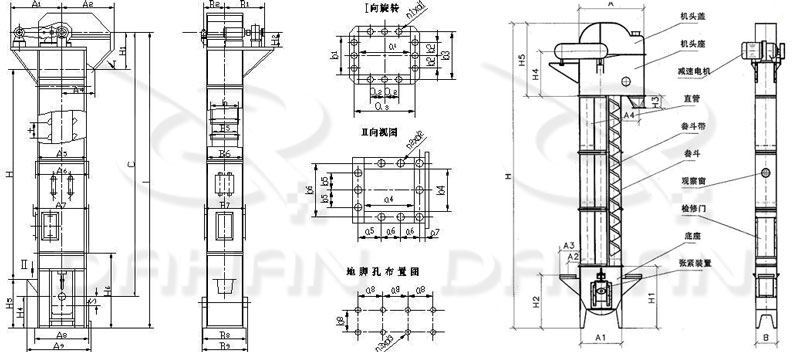 TD/D型斗式提升機(jī)基本結(jié)構(gòu):機(jī)頭蓋，機(jī)頭座，減速電機(jī)，直管，底座，緊張裝置等。