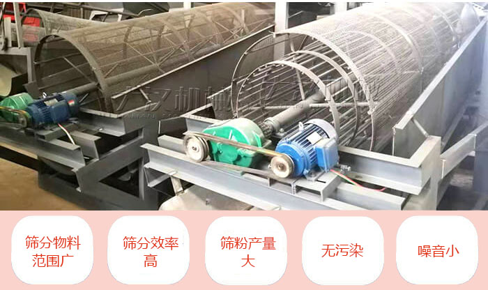滾筒篩分機主要特點：篩分物料范圍廣，篩分效率高，篩分產量大，無污染，噪音小。