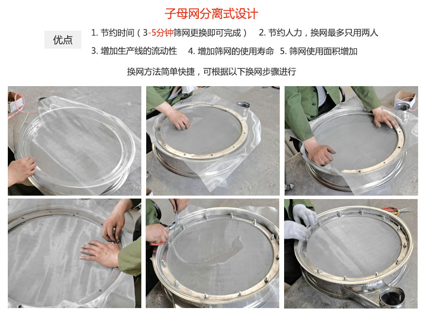 大漢振動機械換網優勢：1，節省時間（3-5分鐘篩網更換即可完成）2，節省人力，換網只有兩人。3.增加生產線的流暢性。4.增加篩網壽命，彈跳球不直接撞擊子網。5.篩網使用面積增加。