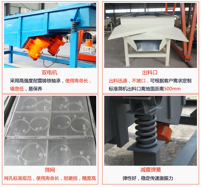 1030直線振動篩雙電機采用高強度耐震鑄鐵軸承使用壽命長、噪音低，易保養(yǎng)；出料口排料迅速，不堵口，可根據(jù)客戶需求定制，標準機器出料口離地面距離500mm;篩網(wǎng)網(wǎng)孔標準規(guī)范、使用壽命長，耐磨損、精度高；減震彈簧：彈性好，穩(wěn)定傳遞激振力。