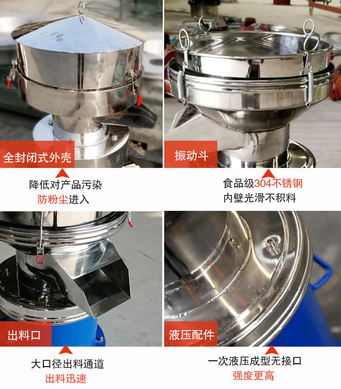 450過濾篩機(jī)結(jié)構(gòu)組成：全封閉式外殼設(shè)計(jì)：對(duì)產(chǎn)品的污染低，防塵粉進(jìn)入電機(jī)內(nèi)部延長設(shè)備壽命。振動(dòng)斗：食品304不銹鋼篩斗，內(nèi)壁光滑不存在積料現(xiàn)象。出料口，大口徑出料通道，出料迅速，提高工作效率。液壓配件：一次液壓成型無接口強(qiáng)度更高。